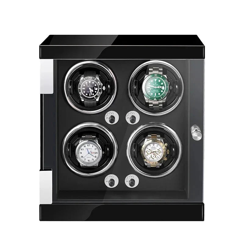 WATCHMATIC Bruno Black Luxury Watch Winder - 9 Slots Vertical Type D;14:3479 epitopes black paint + black PU [open cover self-stop + LED light] - WatchMatic